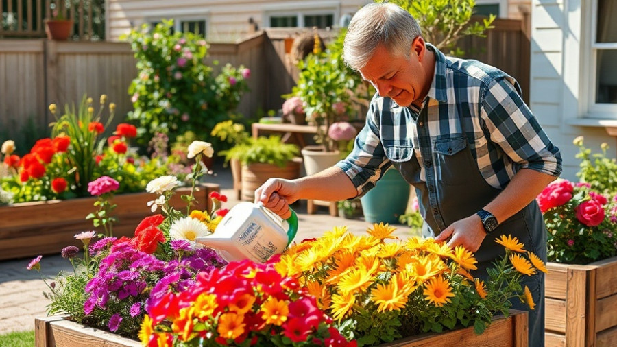Spring gardening tips with man watering plants in vibrant garden.
