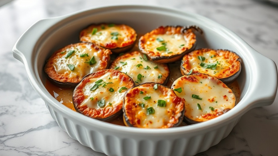 Baked eggplant parmesan with cheese and herbs in a dish.
