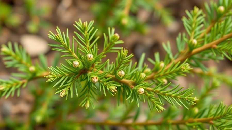 Close-up of juniper branches with buds, illustrating how to plant and grow juniper.