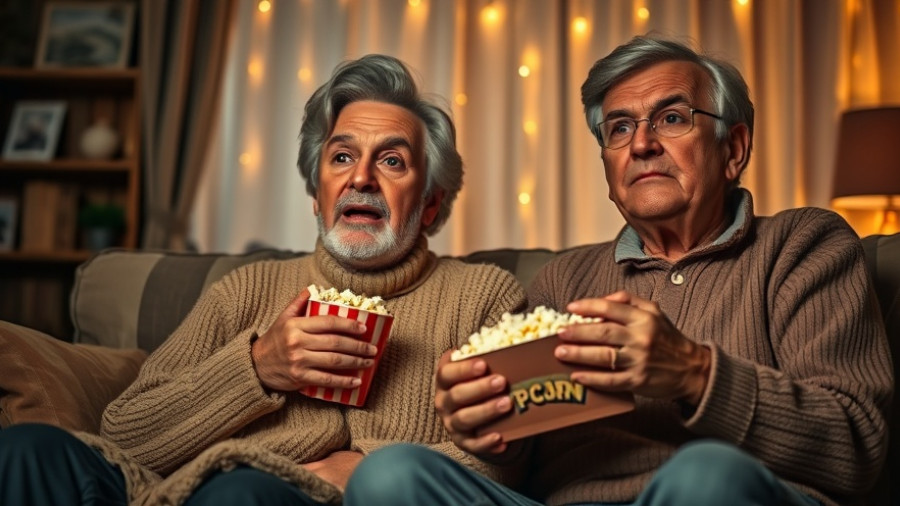 Middle-aged couple experiencing iconic movie scares while watching TV.