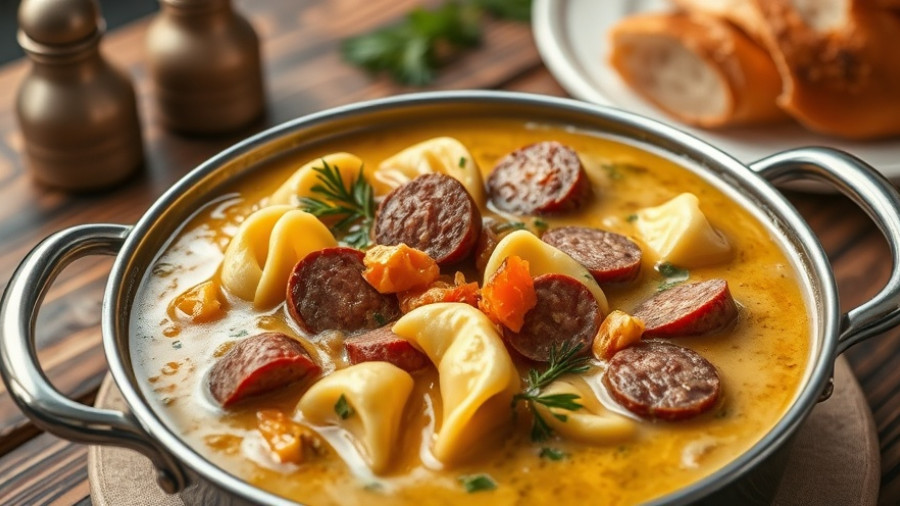 Creamy tortellini soup recipe with sausage in a pot on rustic table.