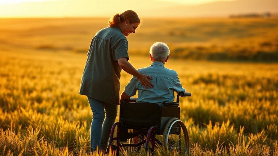 Caregiver with elderly in wheelchair during sunset walk, In-Home Care and Therapy.