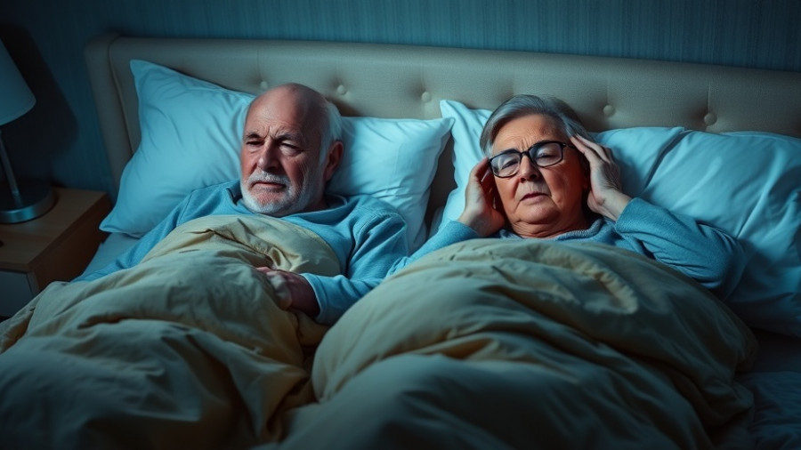 Older couple facing sleep challenges with partner in bed, snoring loudly.