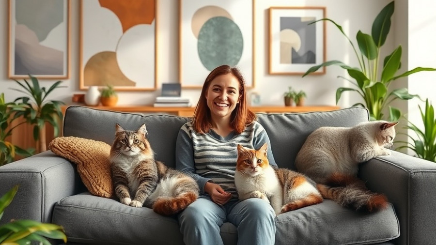 Woman with two cats, cozy living room, get rid of cat allergies.