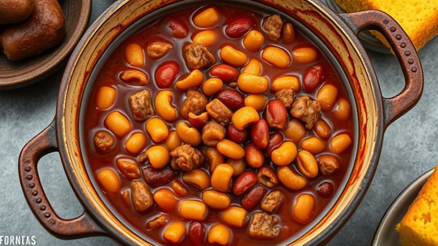 Hearty pork and beans recipe in a rustic pot with cornbread.