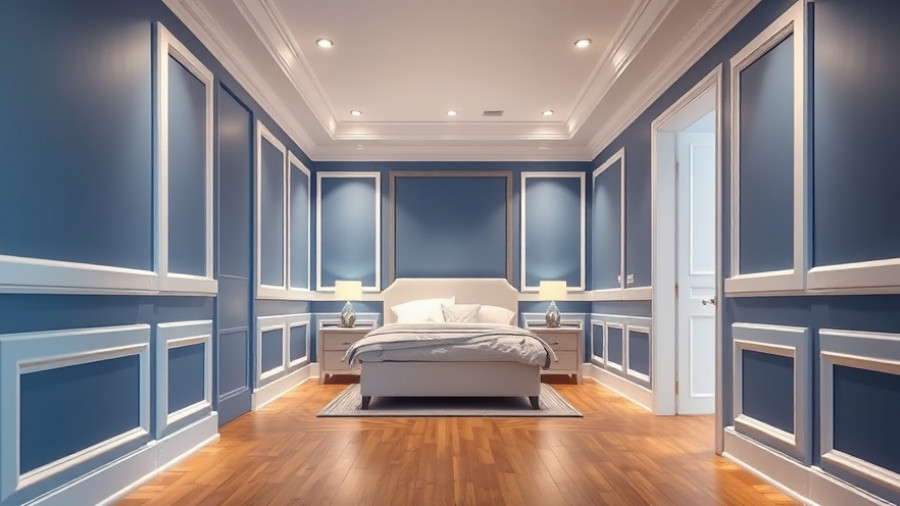 Bedroom with elegant blue and white wainscoting and trim, modern design