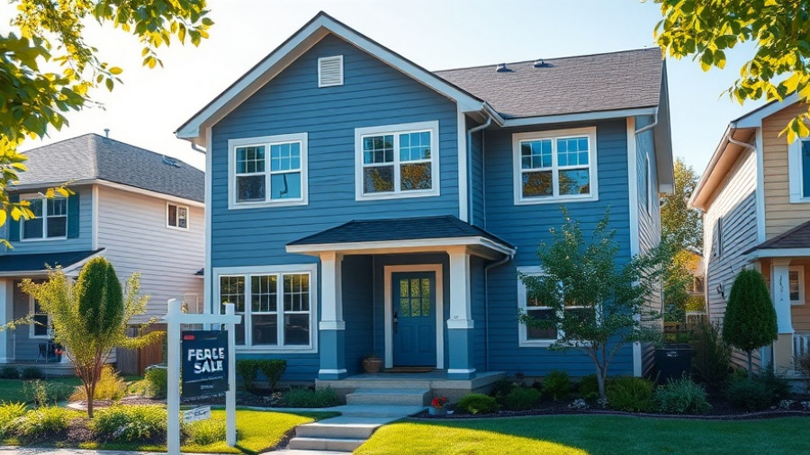 Modern blue-gray house for sale in suburban setting with bright lighting.