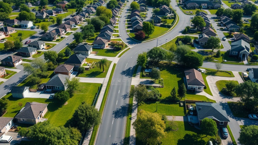 Aerial view of neat suburban houses affects property values.