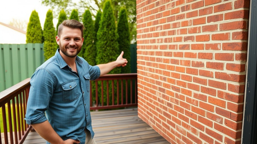 Backyard garden transformation: man on wooden deck planning renovation.