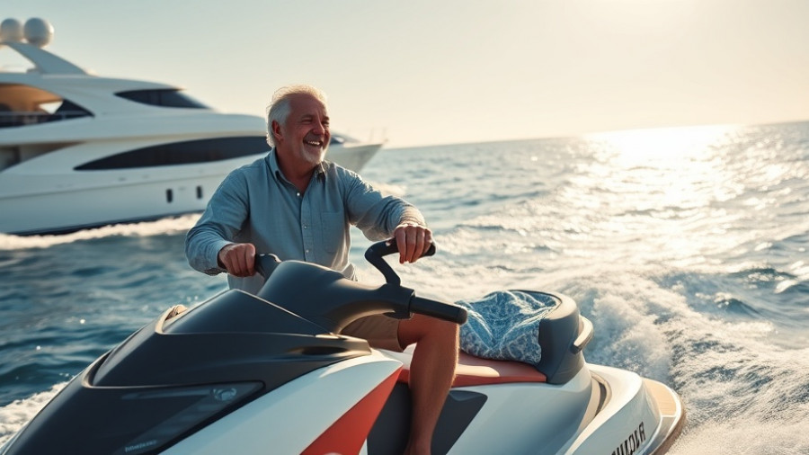 Happy elderly man on jet ski near yacht in open sea.
