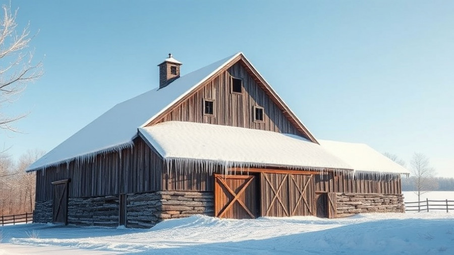 Winterizing your chicken coop with snow-covered barn in winter landscape.