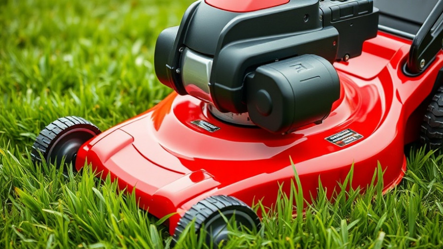 Close-up of gas lawn mower on grass highlighting design and components.