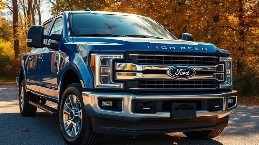 Ford vehicle reflecting sunlight, parked amid autumn foliage.