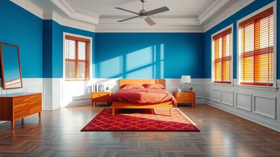 Modern bedroom makeover with blue walls and vibrant decor.
