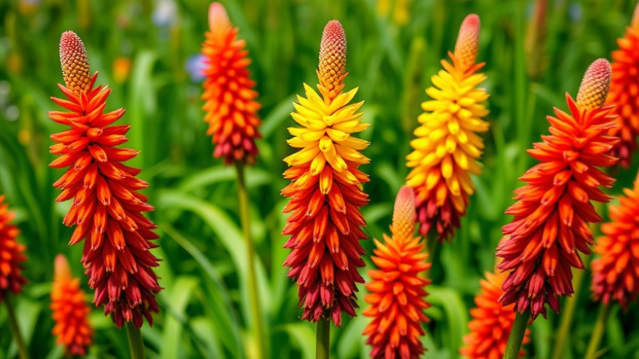 Colorful red hot poker plants in bloom in a lush garden setting.