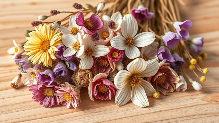 Close-up of dried flowers on wood, showcasing textures.