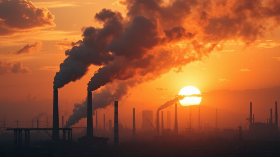 Industrial smokestacks emitting smoke at sunset, highlighting climate and health risks.