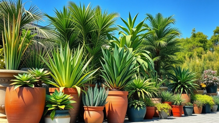 Lush potted plants outdoors in sunny garden, vibrant greenery.