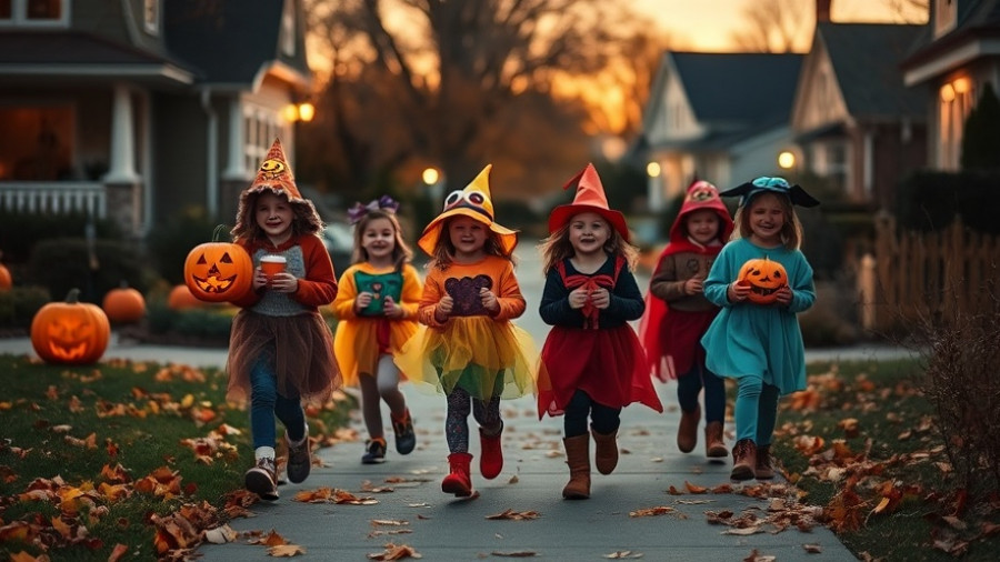 Children trick-or-treating safely in a suburban neighborhood.