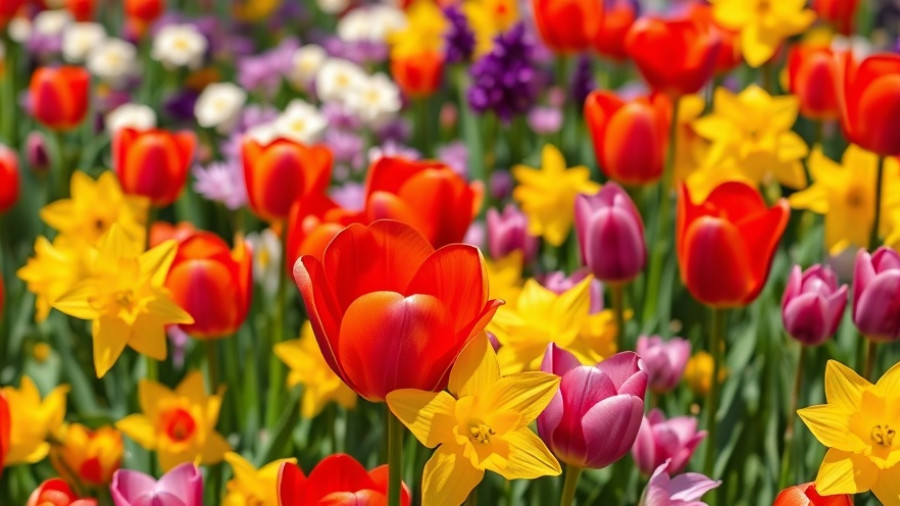 Colorful spring garden with tulips and daffodils showcasing when to plant spring-flowering bulbs.