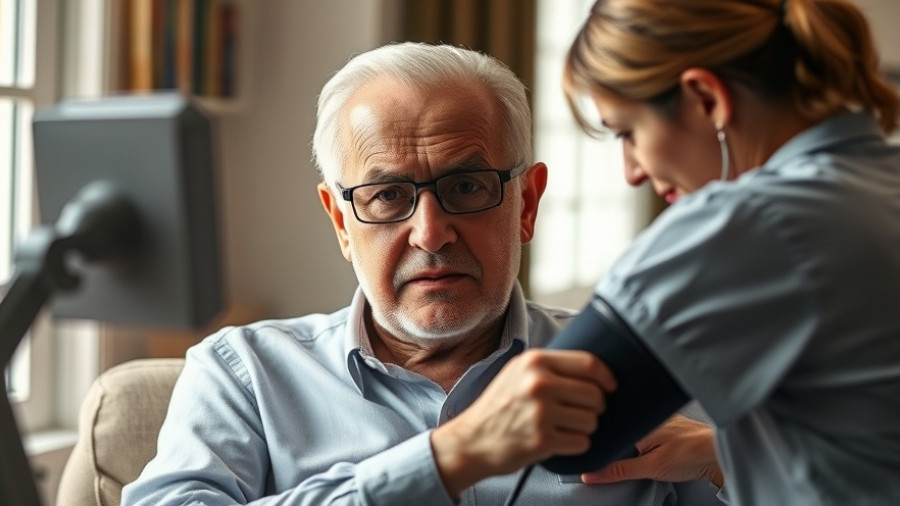Elderly man receiving a blood pressure check, highlighting preventative healthcare technologies.
