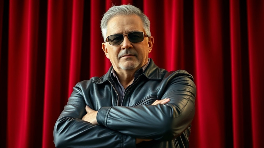 Middle-aged man in leather jacket with sunglasses, red velvet background.