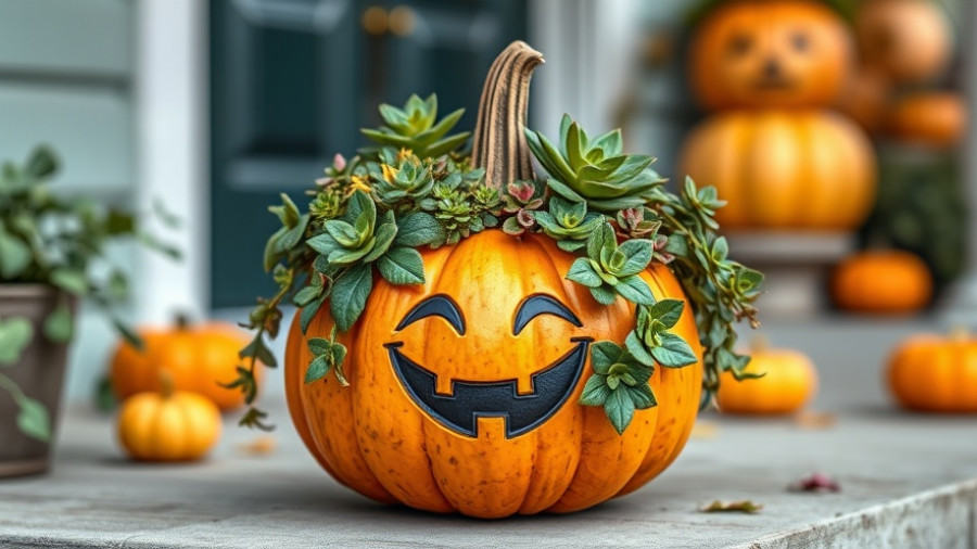 DIY Jack-o-Plantern with succulents and leafy greens on porch.