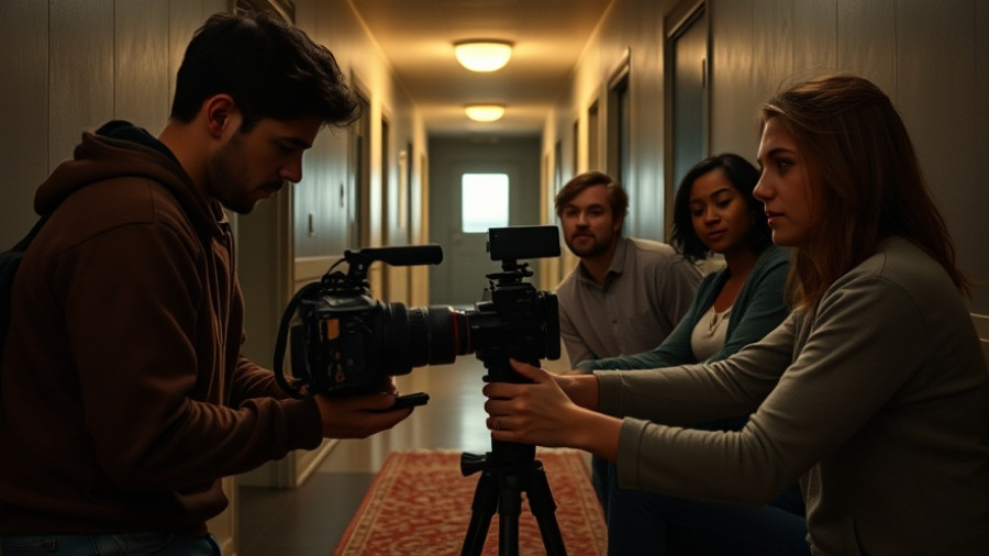 Senior filmmakers collaborate on a scene setup in dim lighting.