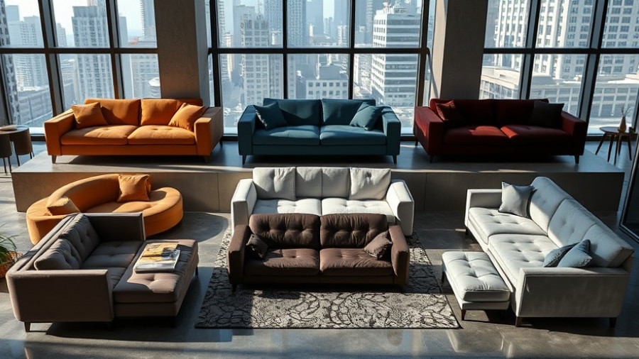 Collection of modern sofa designs 2025 in a stylish urban setting.