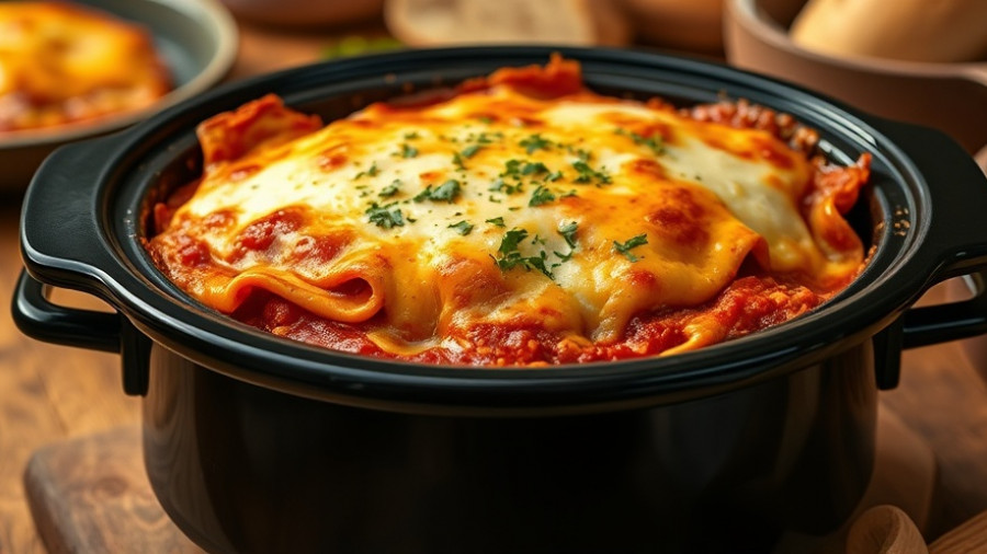 Crockpot lasagna with golden cheese and rich tomato sauce