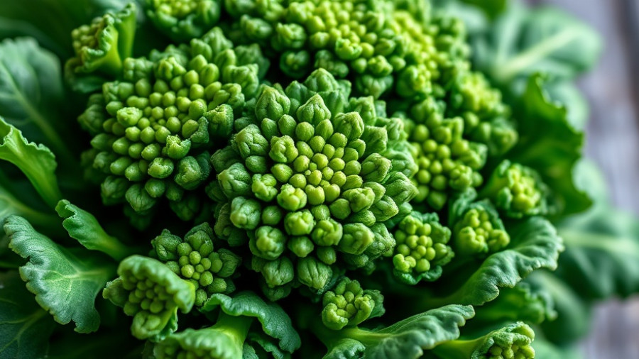 Detailed close-up of broccoli rabe florets and leaves.