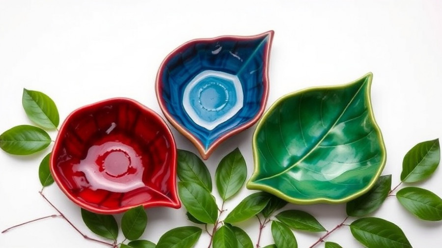Colorful DIY clay leaf dishes with green leaves on white background