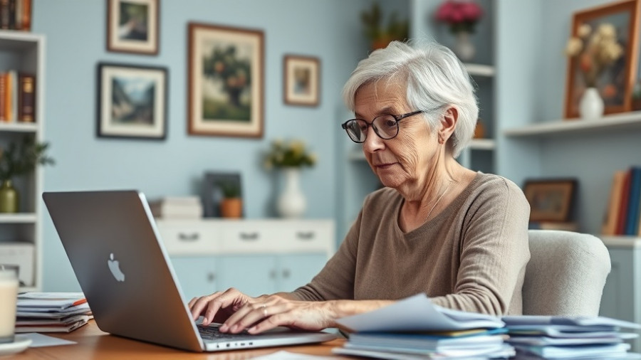 Elderly woman planning finances at home desk, financial planning for orphan retirees.
