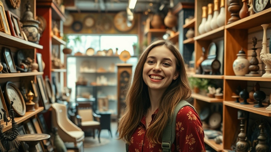 Thrifting and antiquing for home decor: woman excitedly shopping.