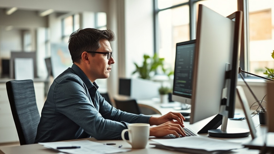 Focused individual at dual monitors in a modern office, illustrating AI use.