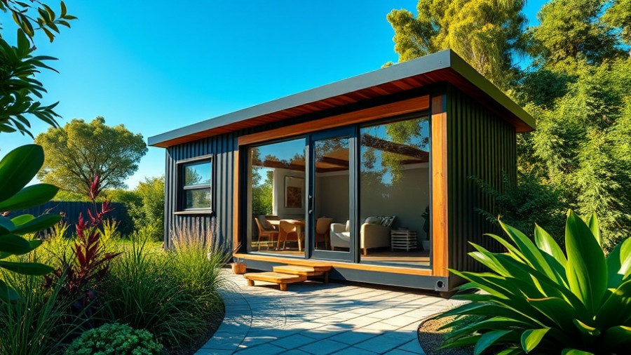 Modern container home with wooden accents and lush garden, transforming shipping containers into homes.