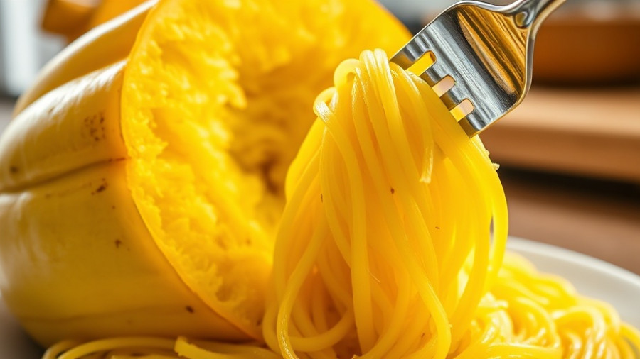 Close-up of spaghetti squash with fork in vibrant kitchen setting.