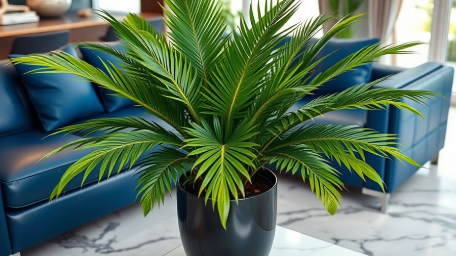 Vibrant green palm plant in modern living room with blue sofas
