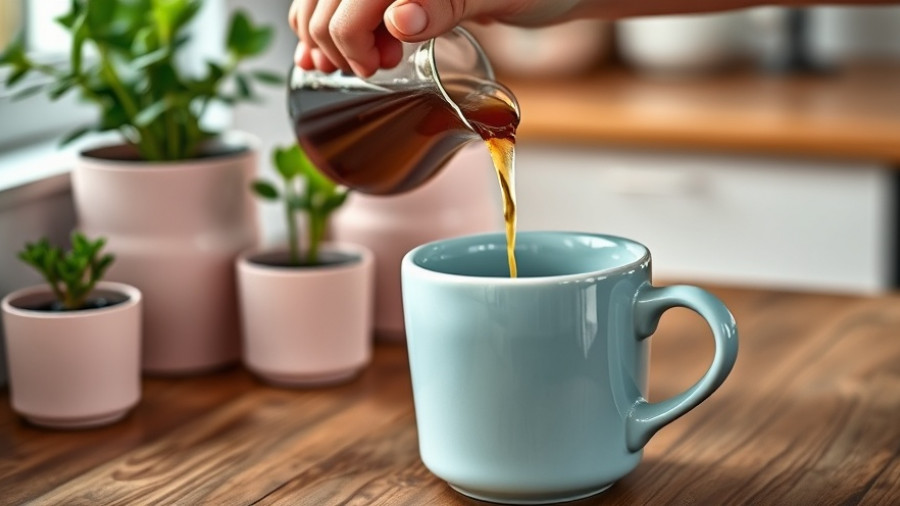 Pour over coffee at home scene with hands and plants in background.
