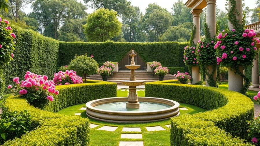 Beautiful garden landscape ideas featuring lush greenery and a central fountain.