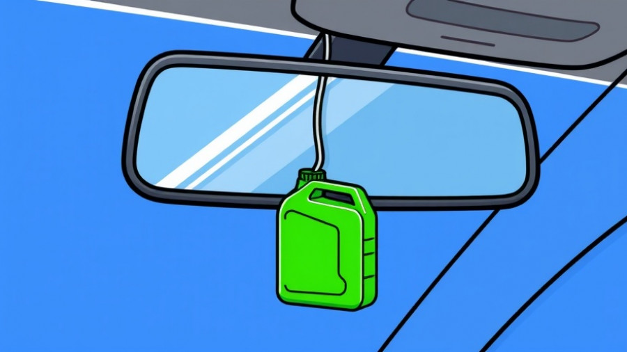 Cartoon gas can air freshener hanging from car mirror.