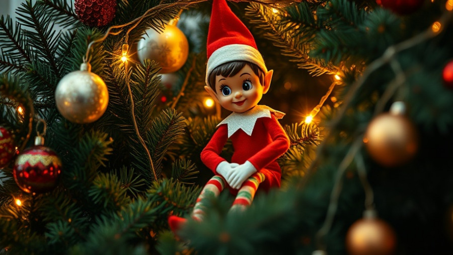 Elf on a Shelf hiding in Christmas tree with ornaments.