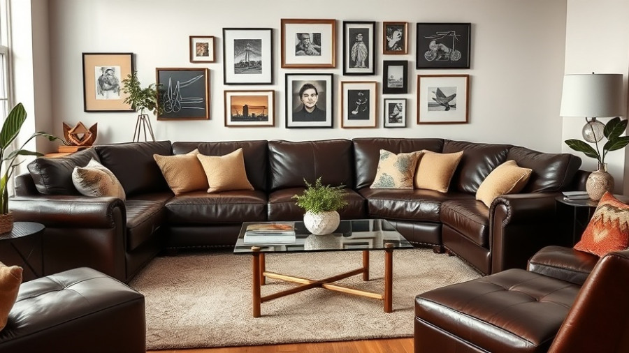 Living room with best leather sectional and stylish decor.