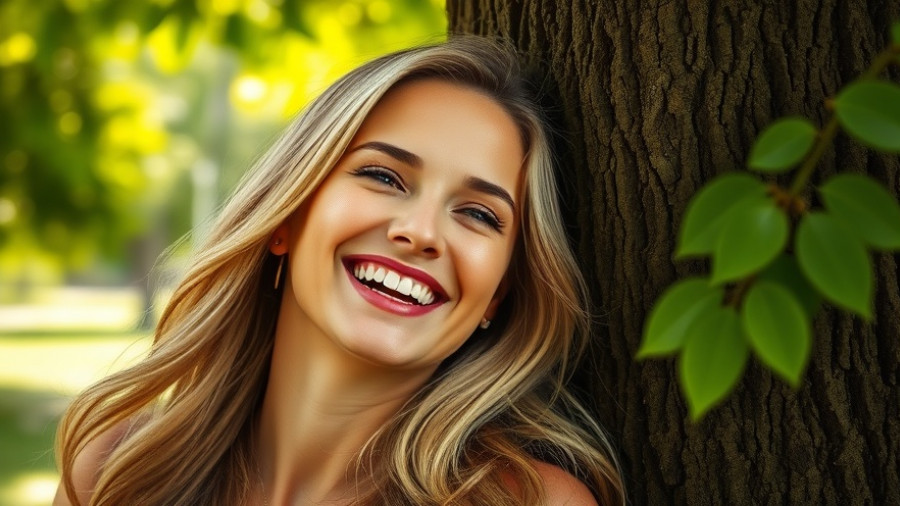 Blonde woman smiling in a sunny park, highlighting joy.
