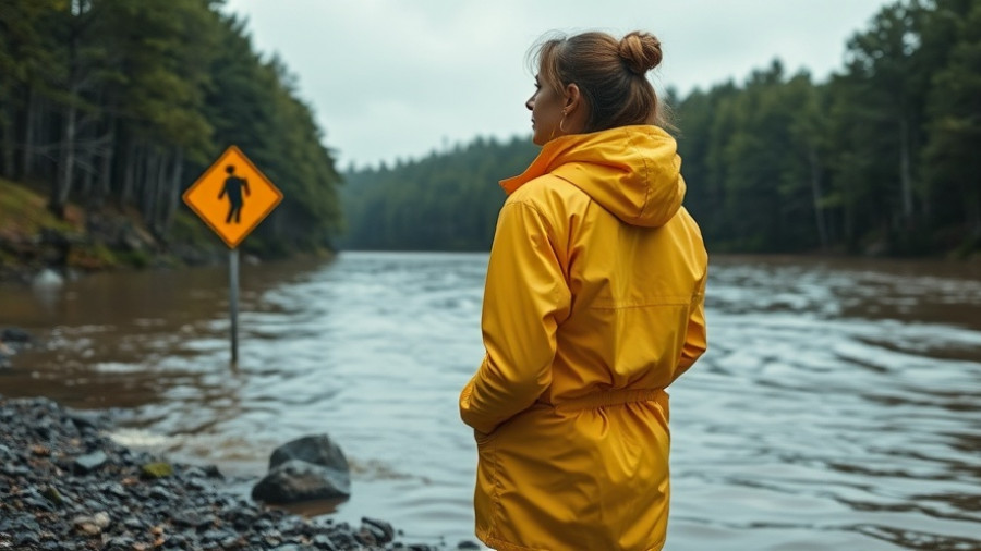 Woman observing flood zone, concerns of selling a house in flood area.
