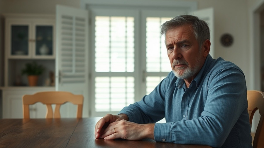 Distressed man sitting at a table, feeling home buyers remorse.