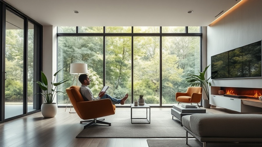 Cozy modern living room with large windows showing garden view.