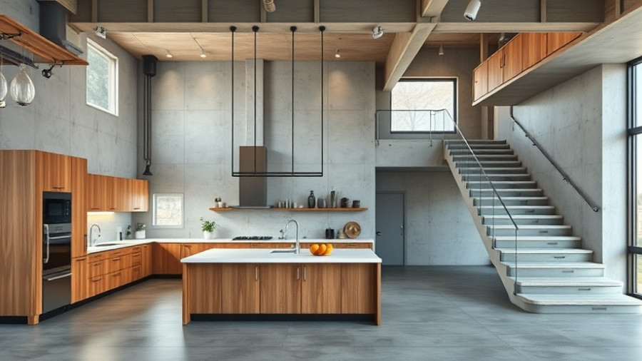 Modern industrial kitchen with open floor plan and staircase