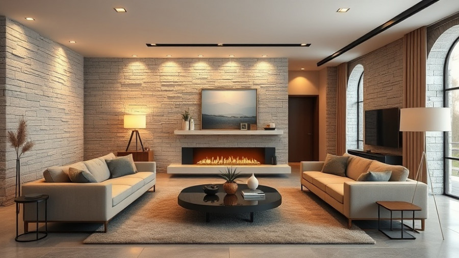 Modern living room stone wall design with elegant decor.
