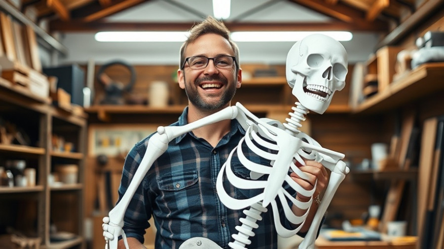 Cheerful man in workshop with DIY Halloween skeleton.